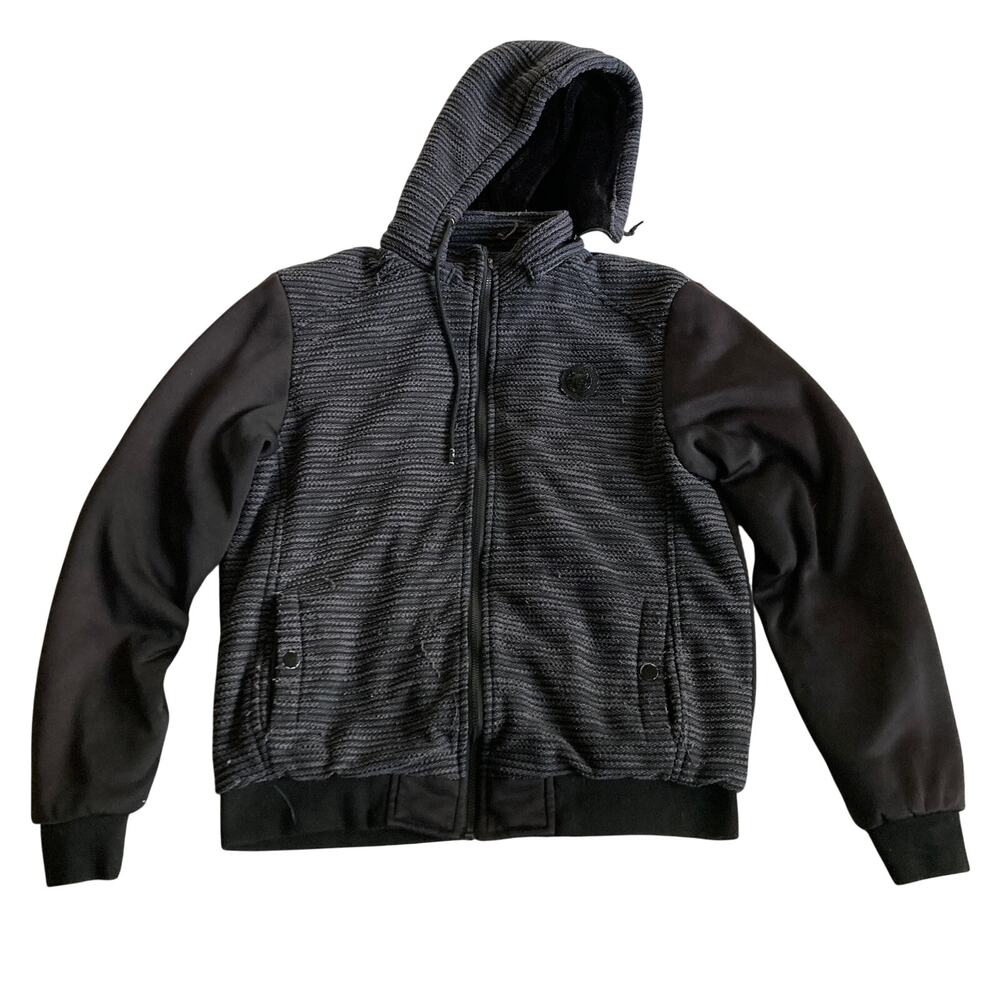 Platini Hoodie Womens XL Gray/Black Striped Front Mixed Media Fleece Full Zip
